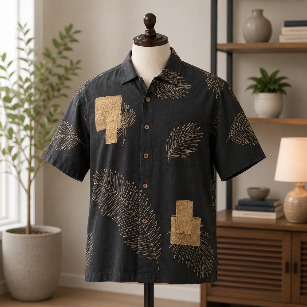 Bamboo Cay Button Down Shirt Mens Large Black Silk Cotton Palm Leaf Embroidered